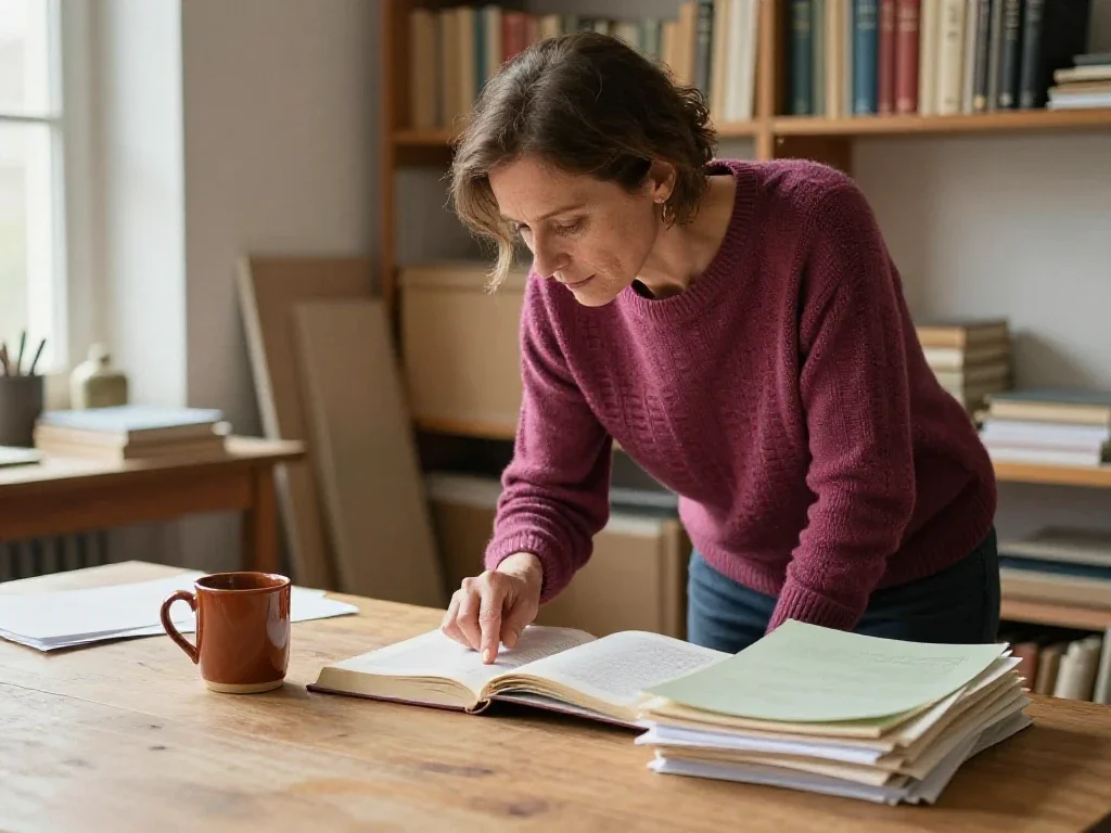 Formatrice française expliquant des concepts éducatifs sur une table de travail ensoleillée.