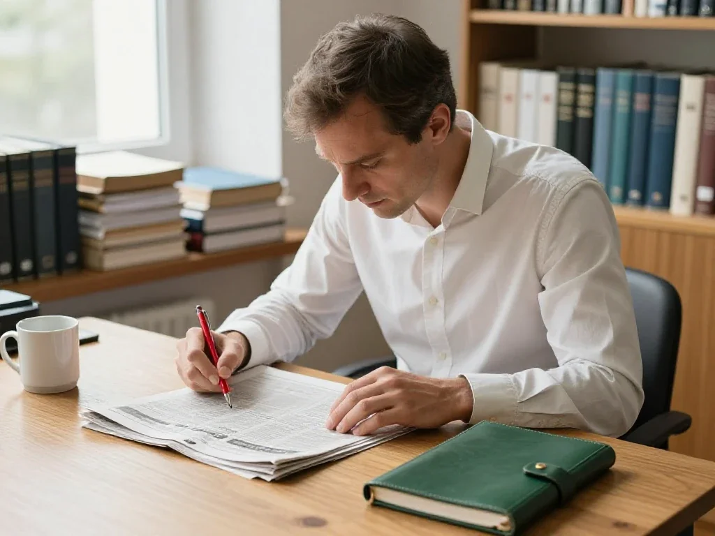 Journaliste français révisant des épreuves imprimées pour les dernières actualités de la rédaction.