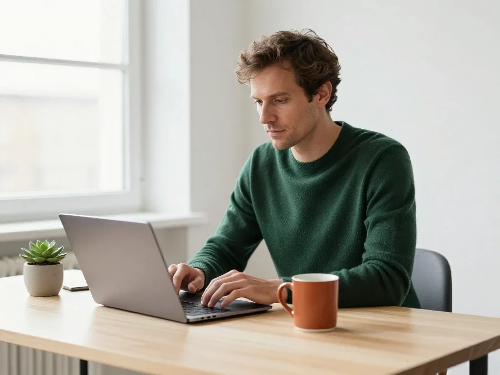 Professionnel français utilisant un ordinateur portable dans un bureau clair, illustrant l'intégration de la technologie.