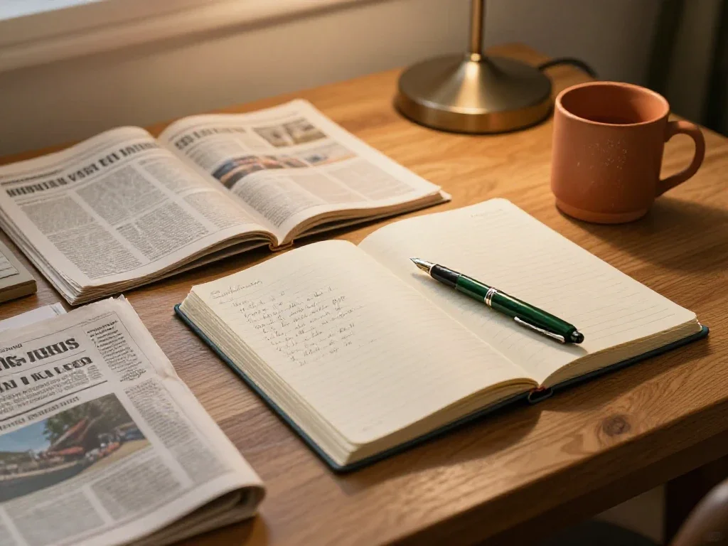 Table de lecture paisible avec journaux et café pour une réflexion profonde et posée.